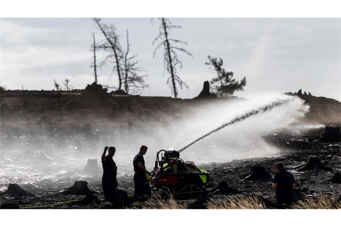 Leichte Entwarnung bei Waldbrand in Thüringen Feuerwehrleute bekämpfen versteckte Glutnester beim Waldbrand auf der Saalfelder Höhe.