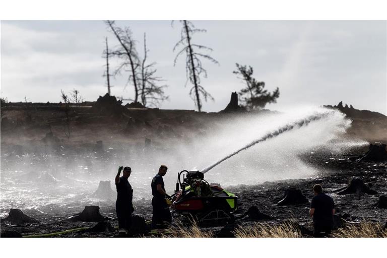 Feuerwehrleute bekämpfen versteckte Glutnester beim Waldbrand auf der Saalfelder Höhe.