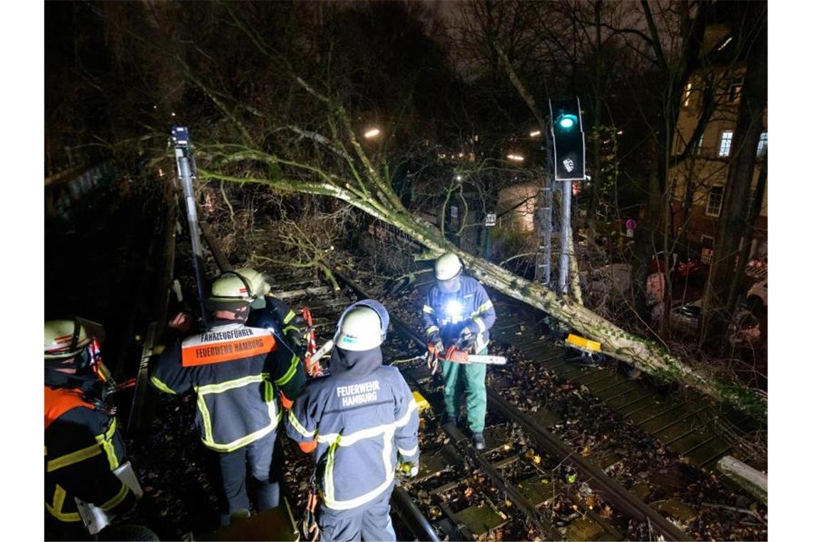 Feuerwehrleute beseitigen einen umgestürzten Baum von den Gleisen der U3. Foto: Jonas Walzberg/dpa