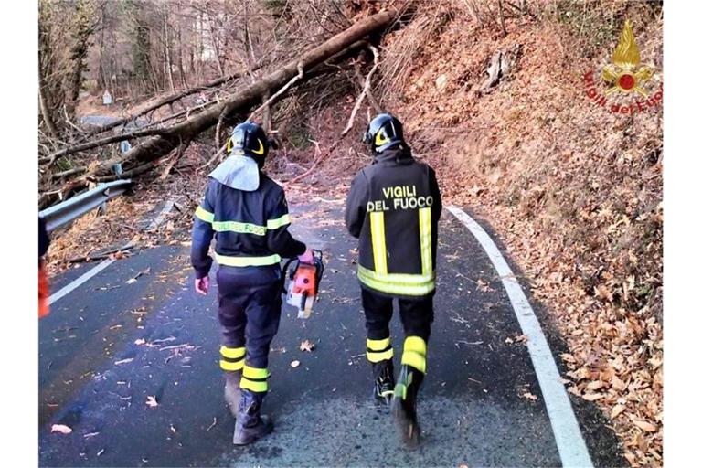 Feuerwehrleute räumen eine Straße in der Provinz Turin (Region Piemont), auf die mehrere Bäume gestürzt sind. Foto: Vigili del Fuoco/dpa