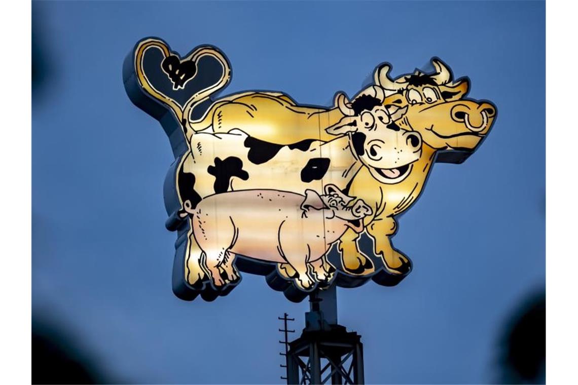 Firmenschild auf einem Gebäude des Fleischwerks Tönnies in Rheda-Wiedenbrück. Foto: David Inderlied/dpa