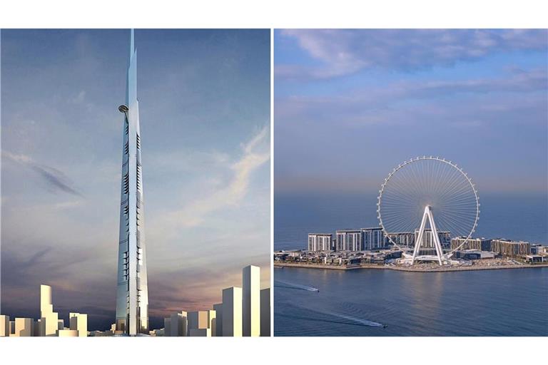 Fischer befestigt Megaprojekte in der Golfregion: Der Jeddah Tower in Saudi-Arabien, das künftig höchste Gebäude der Welt, soll 2028 eröffnet werden. Das Riesenrad Ain Dubai gibt es schon seit 2021.