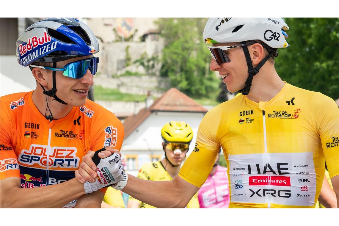 Florian Lipowitz (l) musste sich nur Tadej Pogacar geschlagen geben.