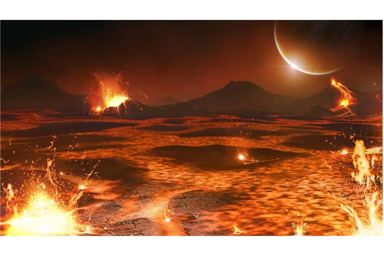 Flug über einen Vulkansee: So stellt sich ein Space-Artist die Loki Patera, den  Vulkan auf dem Jupitermond Io, vor.