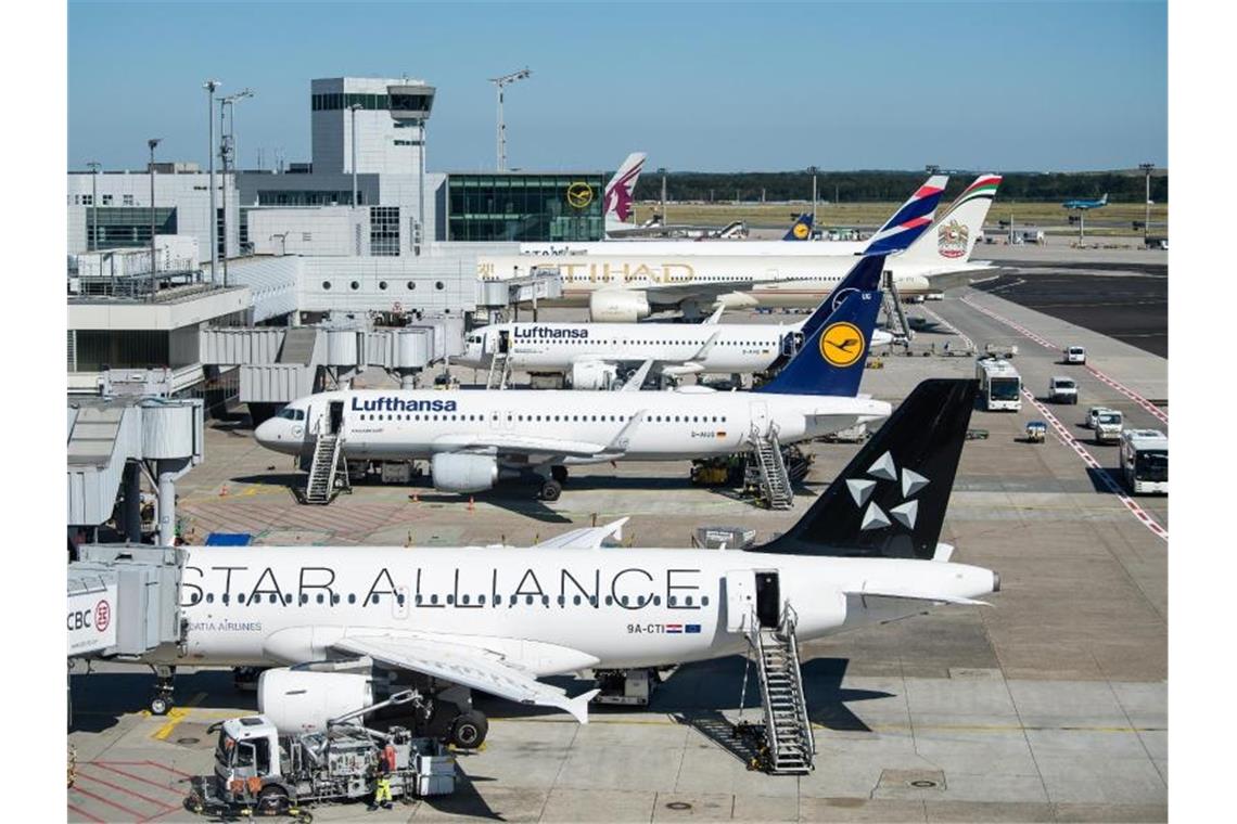 Flugzeuge auf dem Vorfeld des Flughafen Frankfurt: Die Grünen wollen Inlandsflüge bis 2035 weitgehend überflüssig machen. Foto: Silas Stein