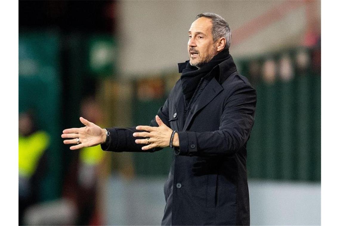 Vor Freiburg-Spiel: Trainer Adi Hütter schwärmt vom Gegner Frankfurts Trainer Adi Hütter gestikuliert an der Seitenlinie. Foto: Marius Becker/dpa/Archivbild