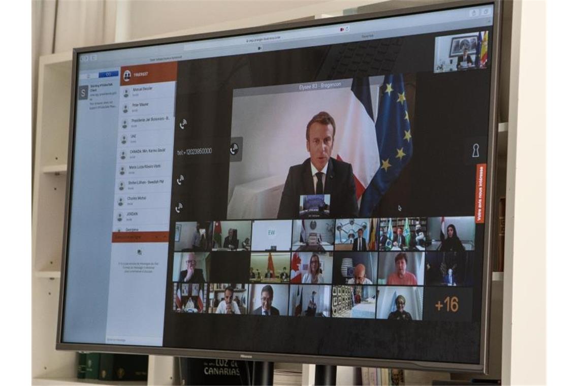 Frankreichs Präsident Emmanuel Macron bei der internationalen Geberkonferenz für den Libanon. Foto: Moncloa/EUROPA PRESS/dpa