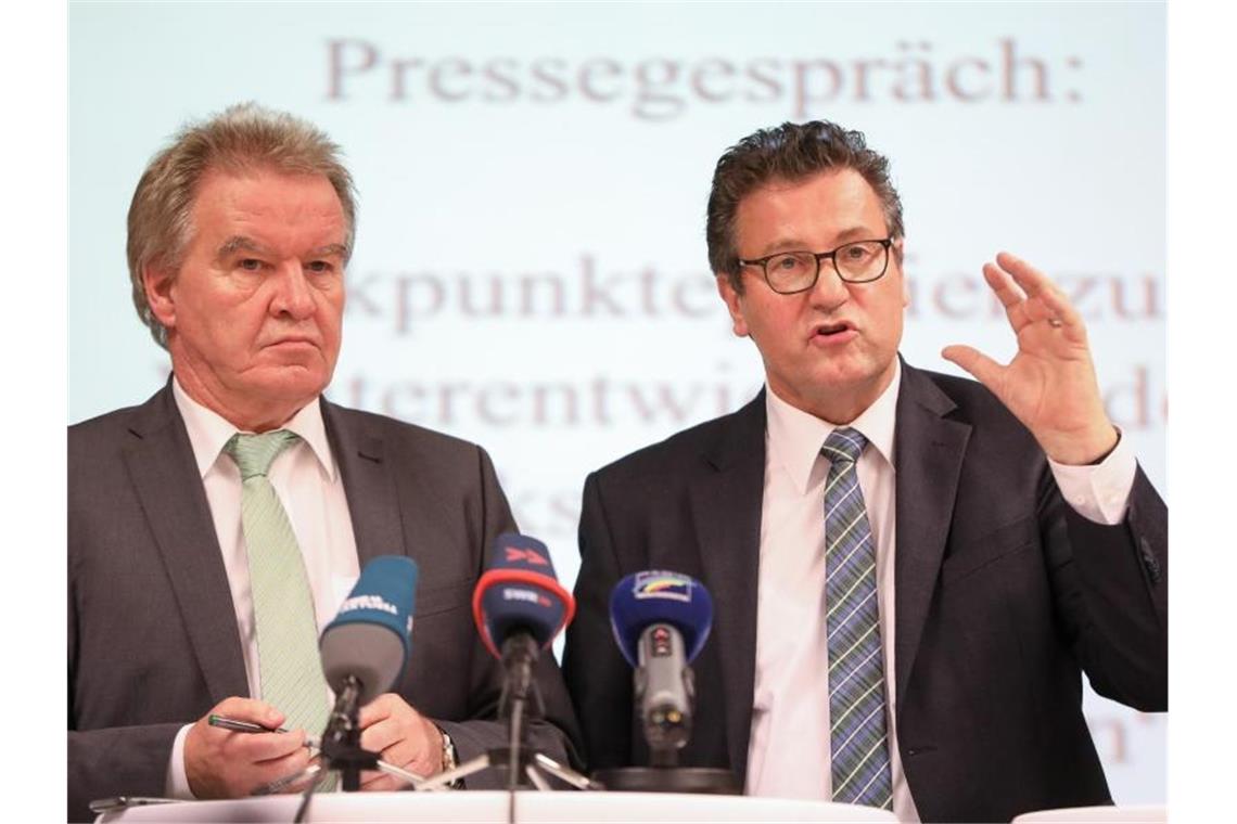 Franz Untersteller und Peter Hauk, Minister in Baden-Württemberg, sprechen zur Presse. Foto: Christoph Schmidt/dpa/Archivbild