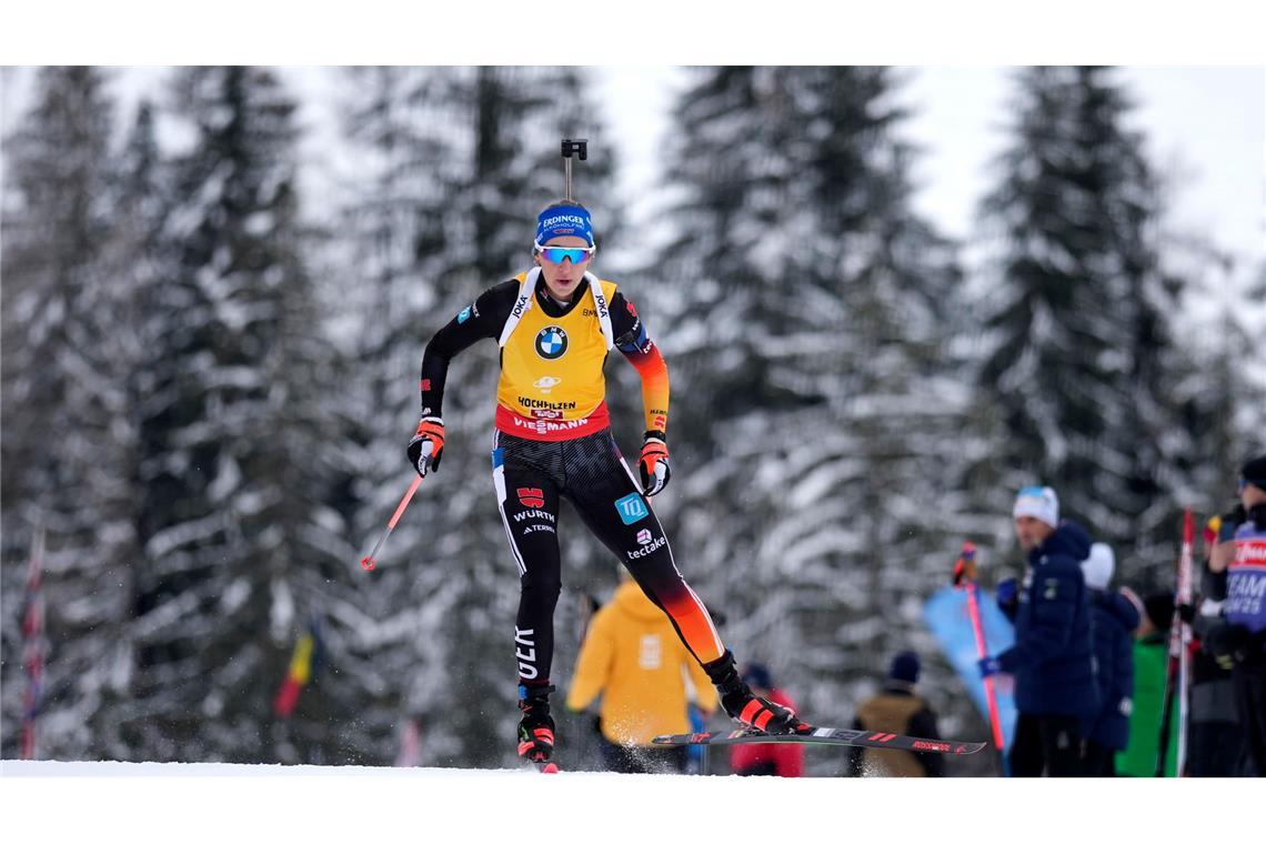 Biathletinnen Voigt und Preuß in Hochfilzen auf dem Podest Franziska Preuß auf der Strecke in Hochfilzen.