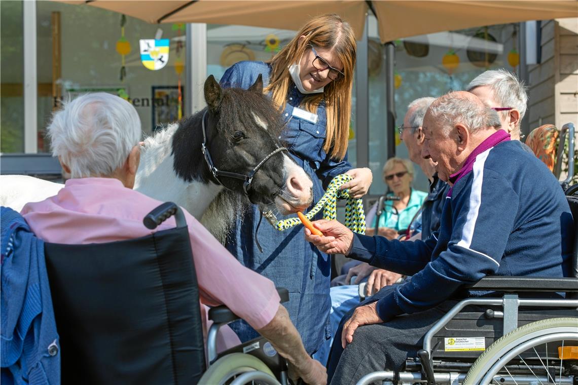 Freilich gab es auch ein paar Leckerchen für die tierischen Besucher, die jüngst im Alexander-Stift zu Gast waren. Foto: A. Becher