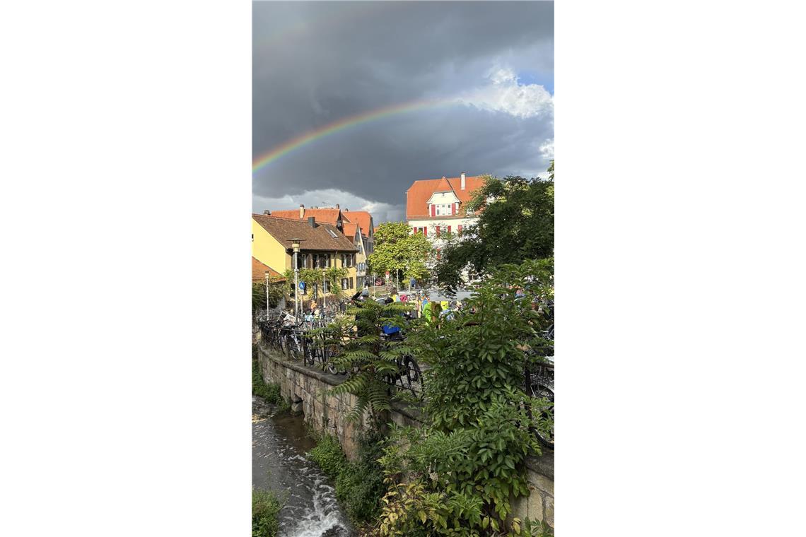 Polizei zieht positive Bilanz nach Palmer-Frohnmaier-Gespräch Fridays for Future macht sich bereit für die Fahrraddemo bis zur Halle - begleitet von einem Regenbogen.