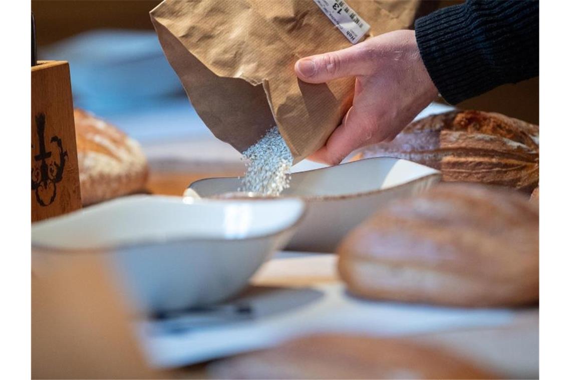 Friedrich Longin, Professor für das Arbeitsgebiet Weizen an der Landessaatzuchtanstalt an der Universität Hohenheim, schüttet während eines Geschmackstests für Gerichte aus Buchweizen Buchweizen in eine Schale. Foto: Sebastian Gollnow/dpa/Archivbild