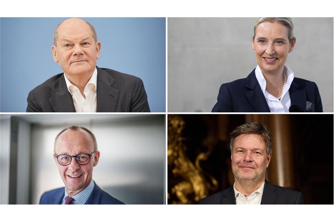 Aus zwei mach vier: Merz will TV-Duell mit Scholz erweitern Friedrich Merz, CDU-Bundesvorsitzender und Fraktionsvorsitzender der CDU/CSU (links unten) will ein TV-Duell mit Olaf Scholz (links oben), Alice Weidel und Robert Habeck (Archivfoto).
