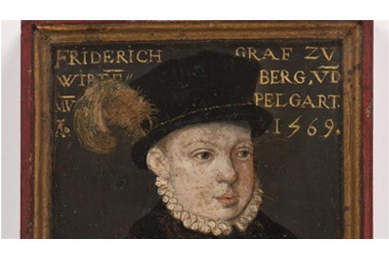 Friedrich von Mömpelgard (Elsass) wurde später Herzog von Württemberg. Dieses zeitgenössische Porträt zeigt ihn im Alter von 12 Jahren.
