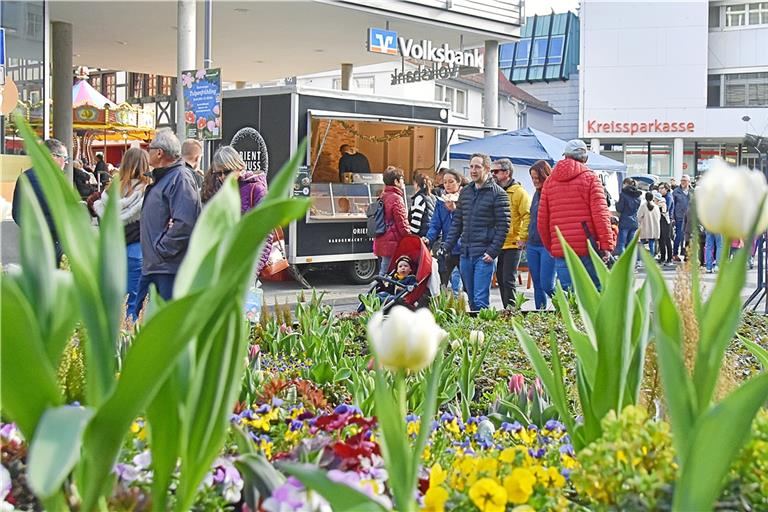 Fröhlich flanieren die Besucher am verkaufsoffenen Sonntag durch die Innenstadt, vorbei an den mit Tulpen bepflanzten Beeten. Fotos: Tobias Sellmaier