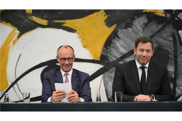 Fröhlich nach dem Koalitionsausschuss: Friedrich Merz und Lars Klingbeil.