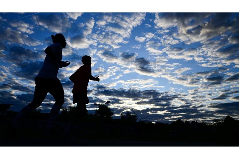 Frühsport in der Hauptstadt: Zwei Jogger laufen am Morgen in Berlin unter einem bewölkten Himmel.