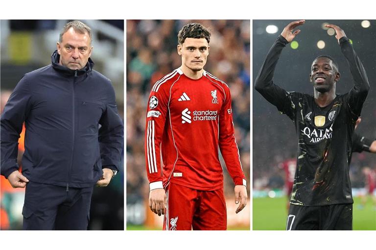 Für Hansi Flick (l.) und Florian Wirtz (M.) sind die Hoffnungen auf den Henkelpott in der Königsklasse geplatzt. Ousmane Dembélé (r.) trifft mit dem PSG nun auf den FC Bayern oder Real Madrid (Archiv).