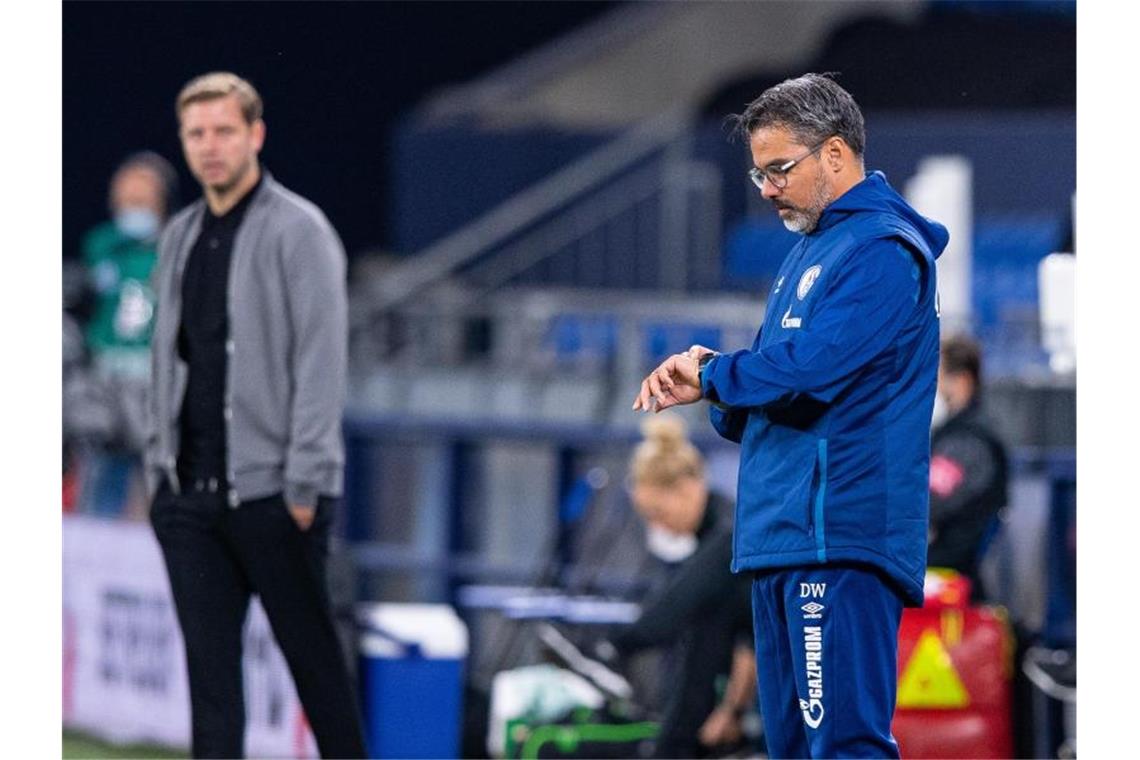 Schalke: Wagner freigestellt - Wilde Trainer-Spekulationen Für Trainer David Wagner (r) ist die Zeit beim FC Schalke 04 abgelaufen. Foto: Guido Kirchner/dpa