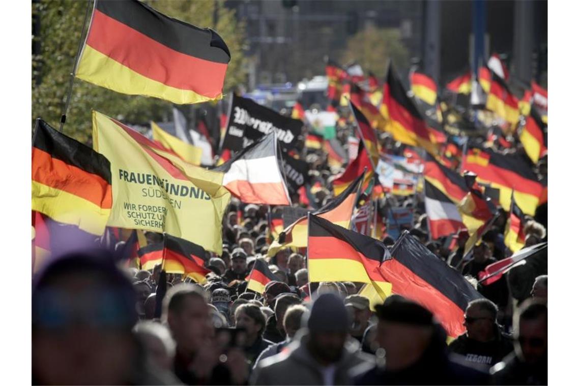 Für viele junge Menschen in Deutschland attraktiv: Teilnehmer der rechtspopulistischen Demonstration „Tag der Nation“ ziehen mit Deutschlandfahnen durch Berlin. Foto: Michael Kappeler/dpa