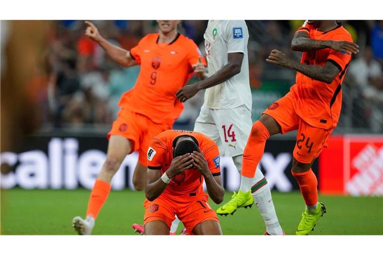 Fußball, Männer: WM, Niederlande - Marokko, Finalrunde, Sechzehntelfinale, Monterrey-Stadion in Guadalupe. Der Niederländer Cody Gakpo jubelt über sein Tor zum 1:0. (zu dpa: «Nach Deutschland: Auch Niederlande bei WM raus»)