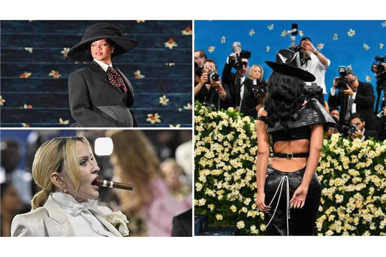 Gäste der diesjährigen Met Gala 2025:  Rihanna (o.l.), Kim Kardashian (re.) und Madonna (u.li.).