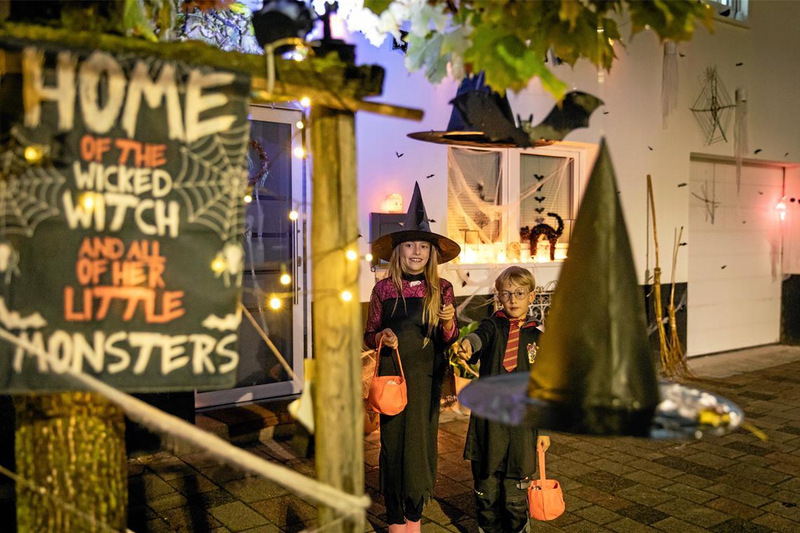 Die Geister gehen in Kirchberg auf Süßigkeitenjagd Ganz schön schaurig: Bei den Halloween-Fans Emmi und David aus Kirchberg sind die Dekoration und die Outfits perfekt auf das Gruselfest abgestimmt. Fotos: Alexander Becher