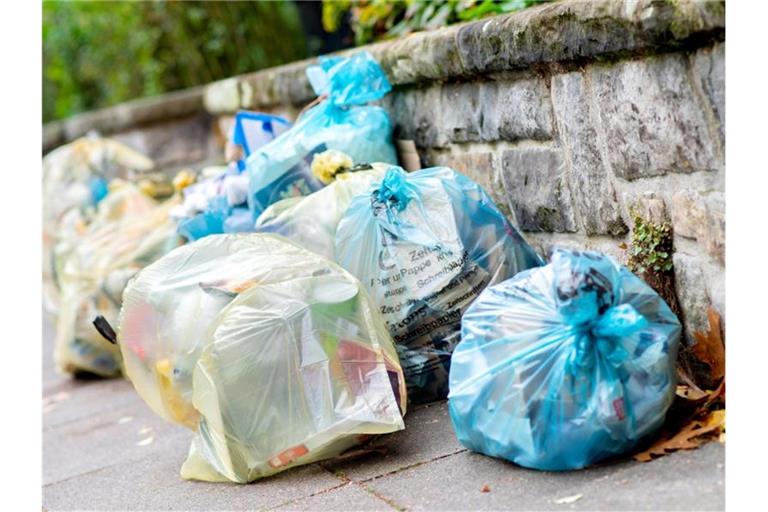 Gelbe Säcke für Verpackungsmüll und blaue Säcke für Papier. Der Verbrauch von Verpackungen in Deutschland nimmt weiter kräftig zu. Foto: Hauke-Christian Dittrich/dpa