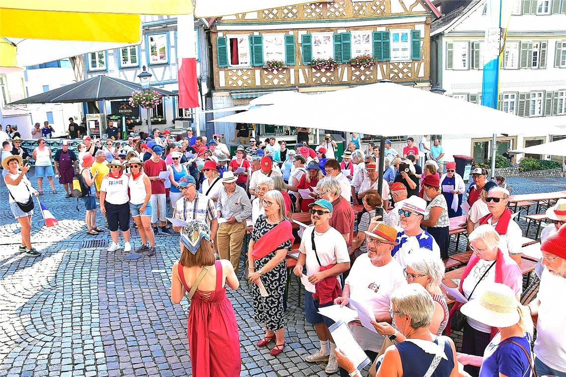 Genau 150 Menschen sind auf dem Marktplatz zusammengekommen, um die französische Nationalhymne zu singen. Foto: Tobias Sellmaier