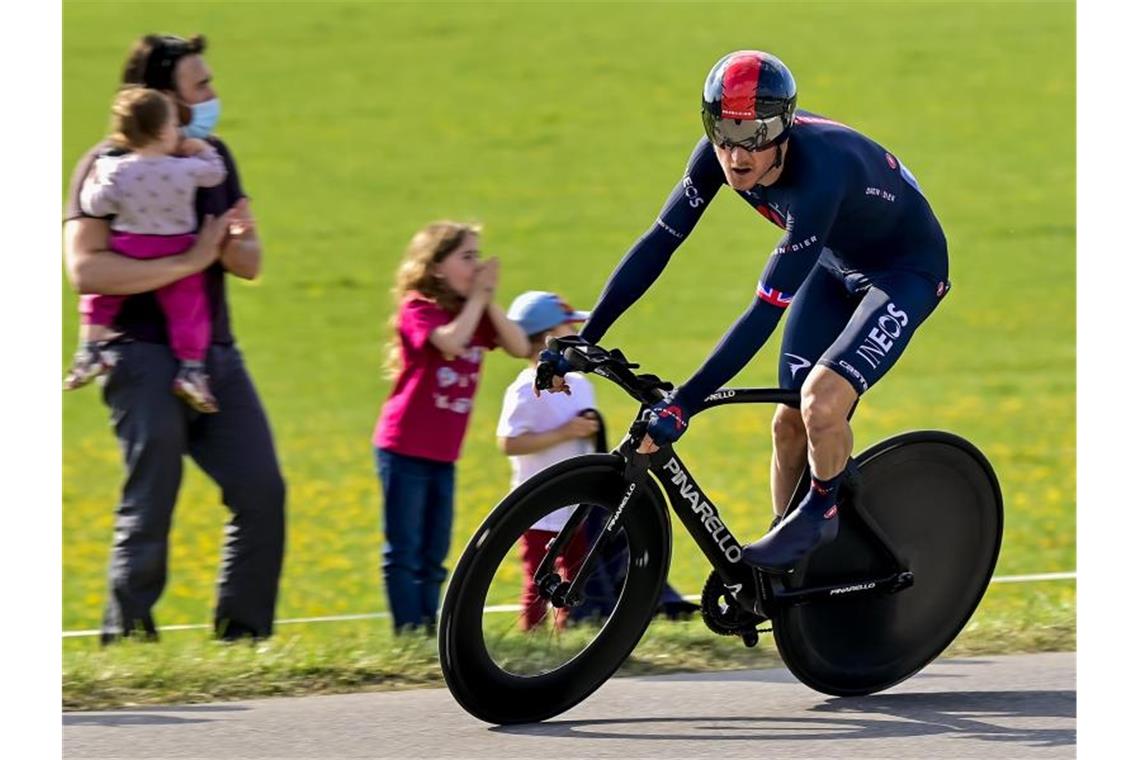 Thomas holt Gesamtsieg bei der Tour de Romandie Geraint Thomas hat die Tour de Romandie gewonnen. Foto: Jean-Christophe Bott/KEYSTONE/dpa