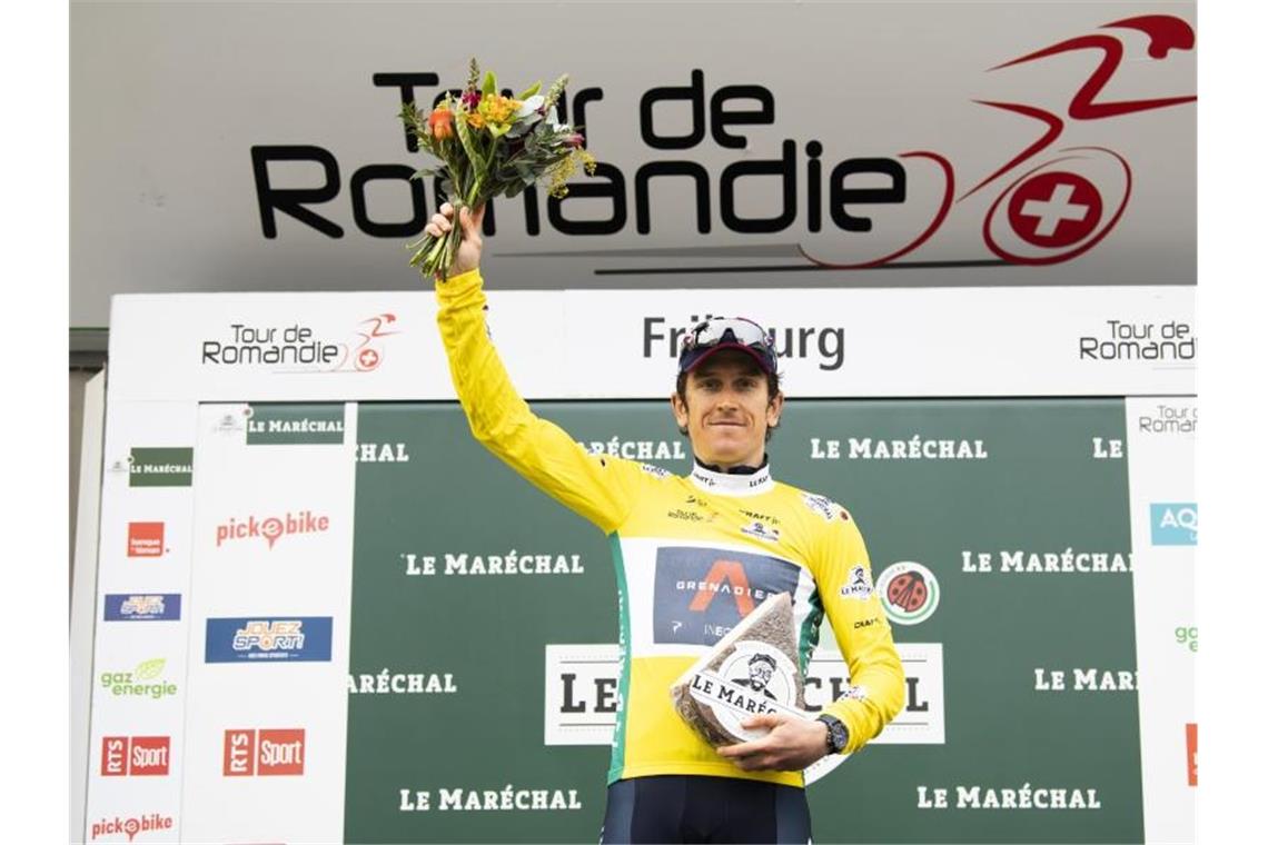Geraint Thomas hat die Tour de Romandie gewonnen. Foto: Jean-Christophe Bott/KEYSTONE/dpa
