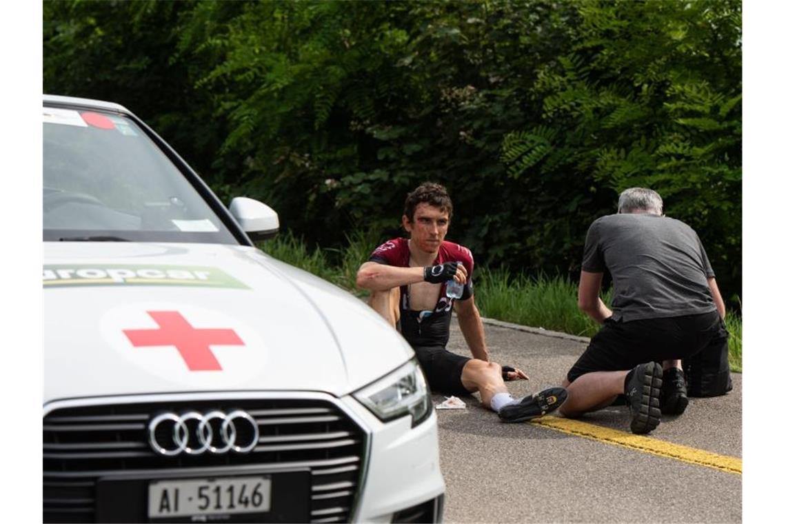 Alarm in der Geldfabrik - Sorgen um Tour-Champion Thomas Geraint Thomas war auf der vierten Etappe der Tour de Suisse gestürzt. Foto: Sam Buchli/TOUR DE SUISSE