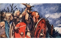 Germanische Stammeskrieger gehen auf die Römer los (Zeichnung von Arthur C. Michael, 1913).