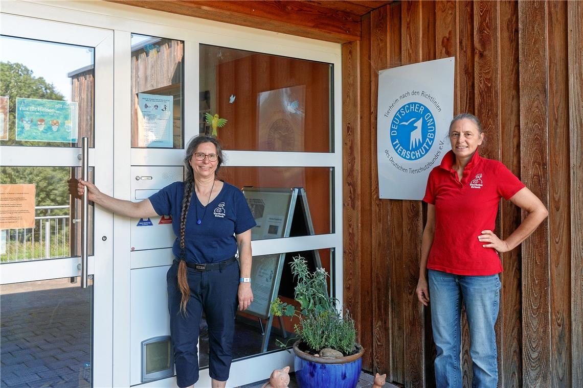 Geschäftsführerin Avana Eder (links) und Tierheimleiterin Marion Bentrup stehen am Eingang des Erlacher Tierheims. Die blaue Plakette zeigt, dass es besonders tierfreundlich ist. Fotos: J. Fiedler