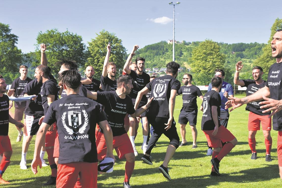 Große Titelsause beim Großen Alexander Gewannen beim neuen Kreisliga-A-Schlusslicht in Lippoldsweiler mit 4:2 und feierten den Durchmarsch in die Bezirksliga: Die Fußballer des Großen Alexander Backnang. Foto: T. Sellmaier