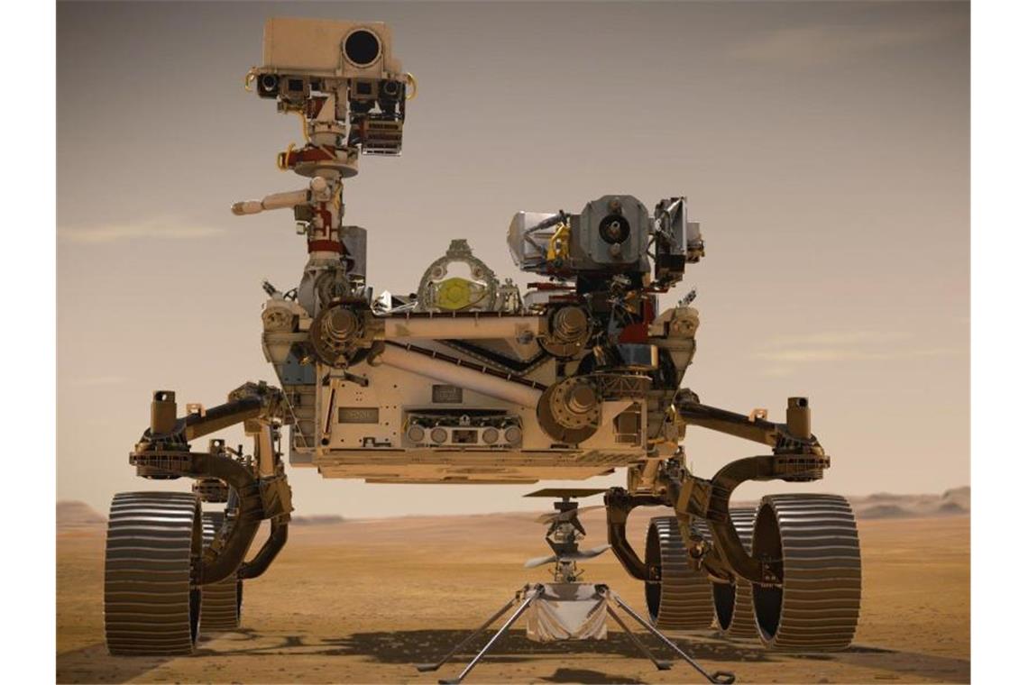 „Perseverance“ auf dem Weg zum Mars Grafische Darstellung des NASA-Rover „Perseverance“ auf der Marsoberfläche. Foto: NASA/JPL-Caltech/dpa