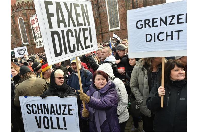 „Grenzen dicht“, „Schnauze voll“ und „Faxen dicke“: Menschen in Deutschland demonstrieren gegen die Aufnahme von Flüchtlingen. Foto: Bernd Settnik/dpa-Zentralbild/dpa