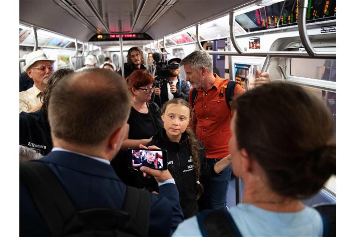 Greta Thunberg fährt nach ihrer Ankunft in New York U-Bahn. Foto: Joel Marklund/Bildbyran via ZUMA Press