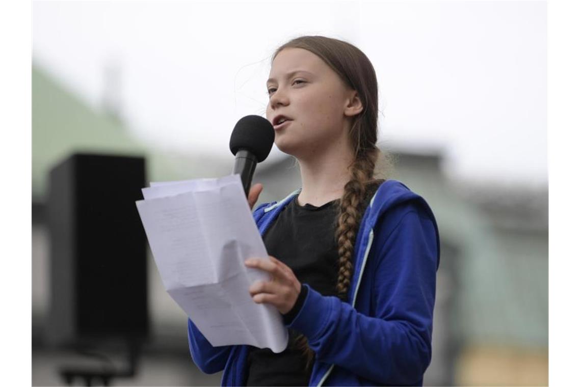 Greta Thunberg, Klimaaktivistin und Schülerin aus Schweden, spricht während des Fridays for Future in Stockholm. Foto: Janerik Henriksson/TT/TT NEWS AGENCY/AP/