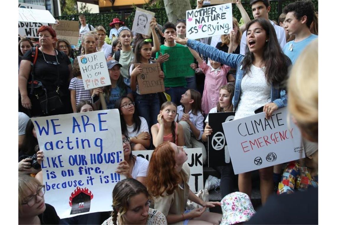 Greta Thunberg (M unten) nimmt in New York an einer Demonstration teil. Foto: Mary Altaffer/AP