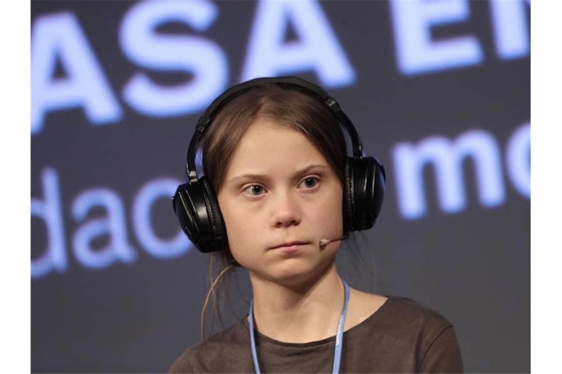 Greta Thunberg vor dem großen Klimamarsch im Zentrum der spanischen Hauptstadt Madrid. Foto: Bernat Armangue/AP/dpa