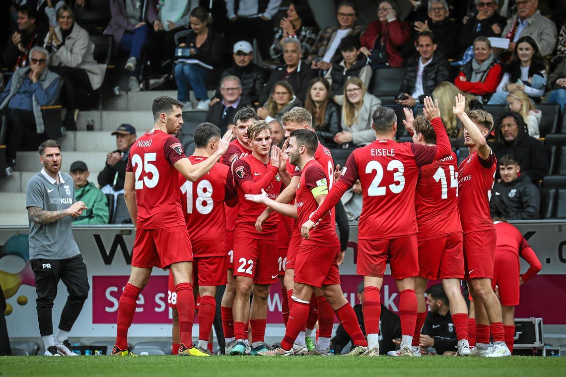 SG Sonnenhof Großaspach stürmt mit Schützenfest an die Spitze Großaspachs Fußballer bejubeln gegen Fellbach sechs Tore und dürfen sich zudem über die Tabellenführung freuen. Foto: Alexander Becher