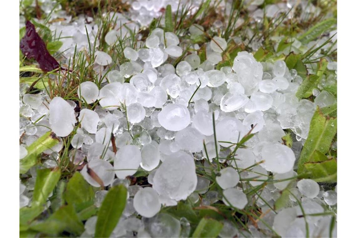 Heftige Gewitter über München Große Hagelkörner liegen in einem Garten in Kaufbeuren. Foto: Karl-Josef Hildenbrand