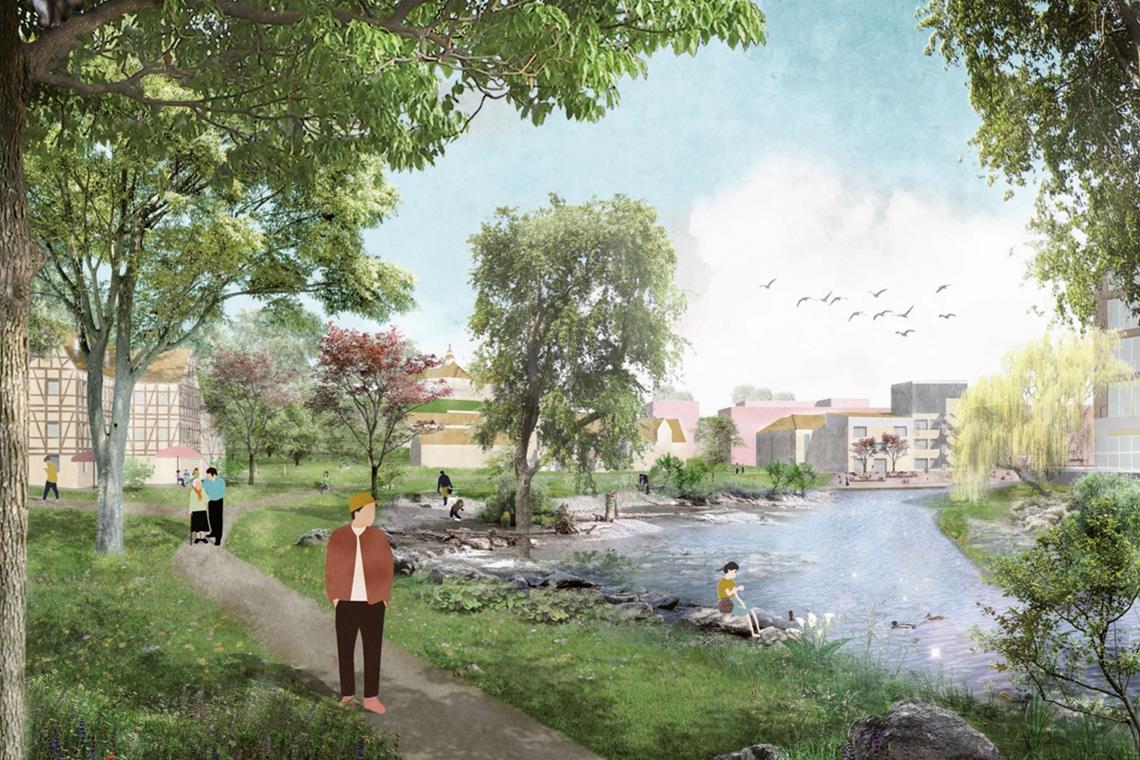 Berliner Büro plant IBA-Gelände in Backnang Grüne Auen an der Murr: Die Planer aus Berlin und Hamburg wollen den Fluss im Backnanger Westen wieder in den Mittelpunkt stellen.Visualisierung: Teleinternetcafe/Treibhaus