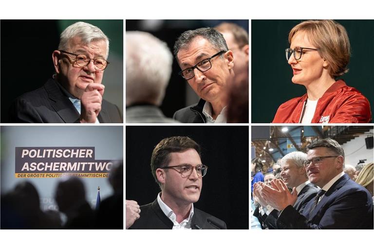 Grüne Prominenz trat mit dem früheren Außenminister Joschka Fischer, Spitzenkandidat Cem Özdemir und der Bundesvorsitzenden Franziska Brantner auf die Bühne. Bei der CDU war Hessens Ministerpräsident Boris Rhein zu Gast bei Spitzenkandidat Manuel Hagel.