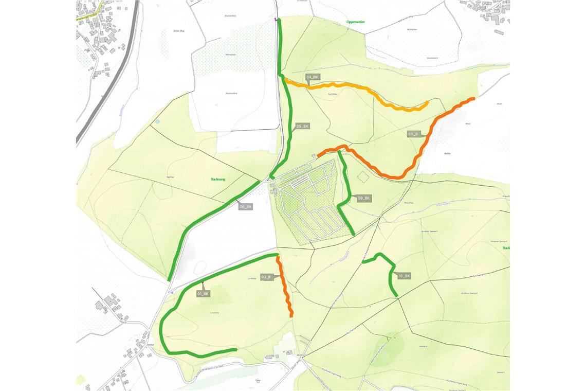 Diese Mountainbiketrails in der Region werden legal Grüne Wege gibt es bereits, sie sind nun legale Trails. Der untere rote Trail soll als Übungstrail für Kinder neu angelegt werden, am oberen roten Trail wird aktuell gearbeitet. Der gelbe Trail (ganz oben) wird eventuell neu angelegt. Foto: Dimb IG Rems-Murr