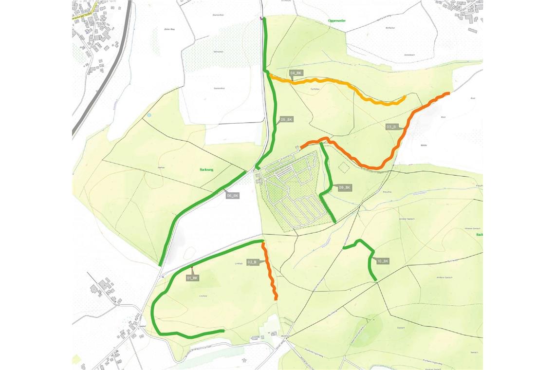 Grüne Wege gibt es bereits, sie sind nun legale Trails. Der untere rote Trail soll als Übungstrail für Kinder neu angelegt werden, am oberen roten Trail wird aktuell gearbeitet. Der gelbe Trail (ganz oben) wird eventuell neu angelegt. Foto: Dimb IG Rems-Murr