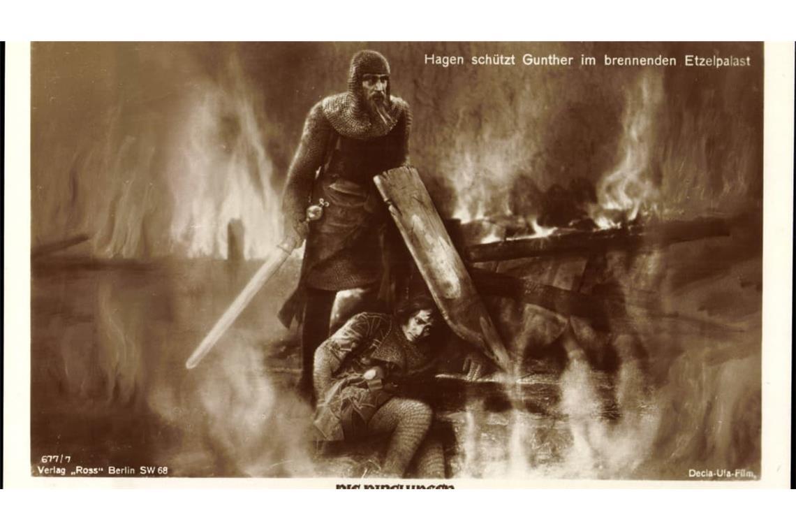 Hagen von Tronje schützt König Gunther: Szene aus dem deutschen Filmepos „Die Nibelungen" von Fritz Lang aus dem Jahr 1924.