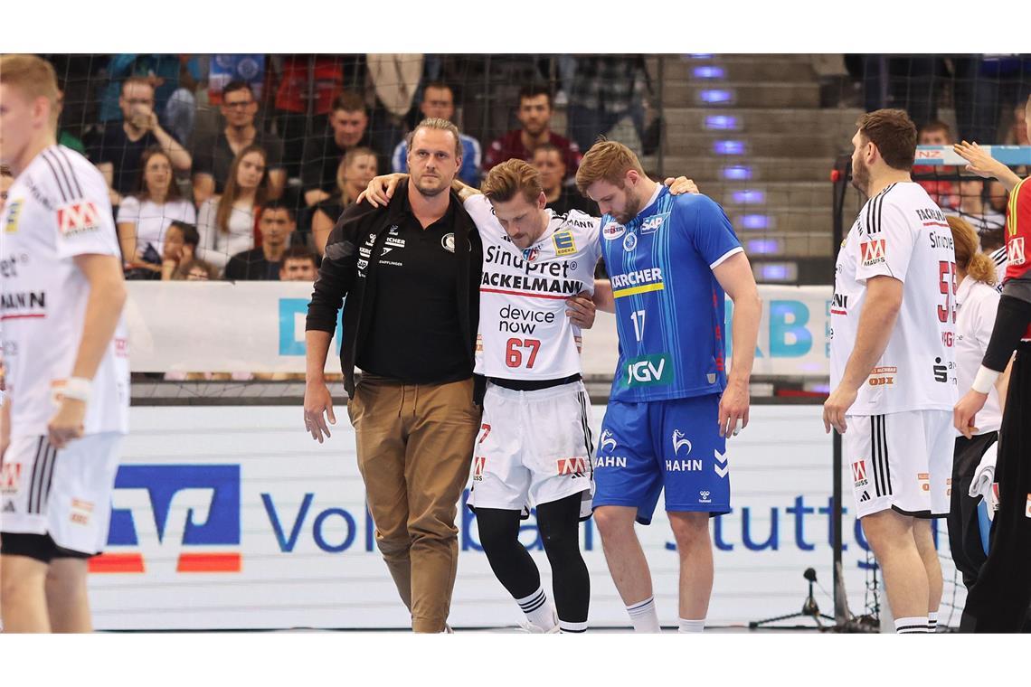 TVB Stuttgart rutscht tief in den Abstiegsstrudel Hampus Olsson muss nach 13 Minuten mit einer Knieverletzung vom Feld