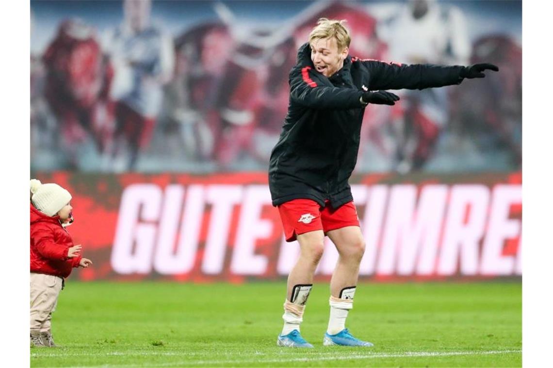 Hat momentan viel Grund zum Feiern mit RB Leipzig: Emil Forsberg. Foto: Jan Woitas/dpa-Zentralbild/dpa